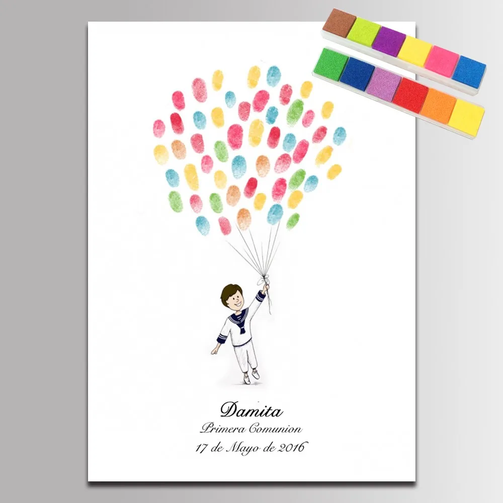 

First Communion Baby Shower Fingerprint Canvas Painting Poster Guest Book for Boys Birthday Baptism Gifts Souvenir