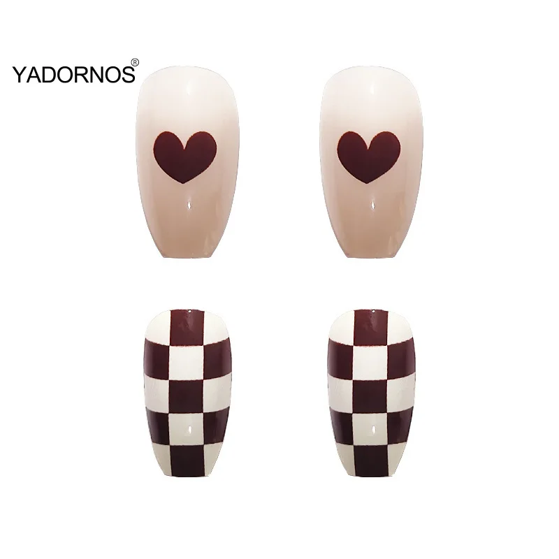 24pcs Nails Free Shipping Long Brown Press On Nails Cute Checkerboard Design Fake Nails Full Coverage Artificial For Women images - 6