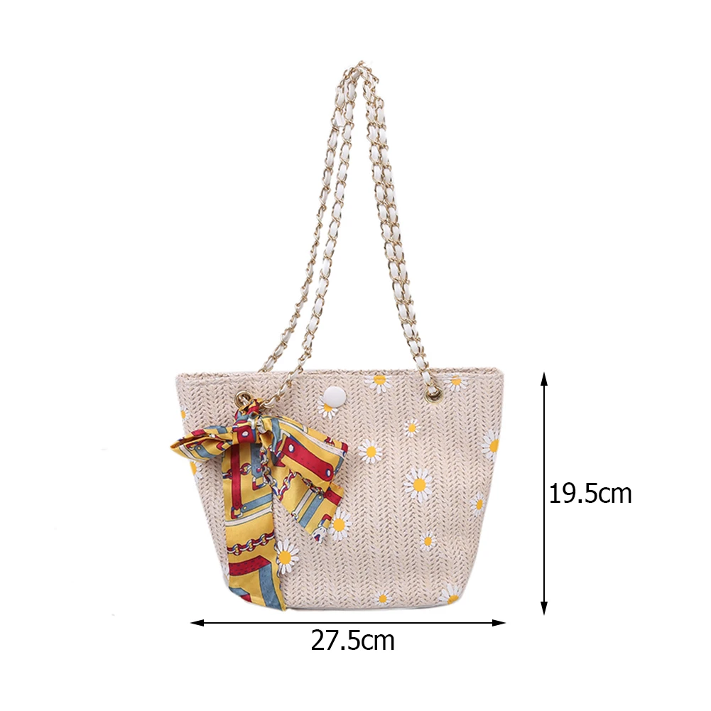 

Fashion Woven Lace Patchwork Shoulder Bag Daisy Flower Printing Tote Ladies Summer Beach Large Capacity Silk Scarf Chain Handbag