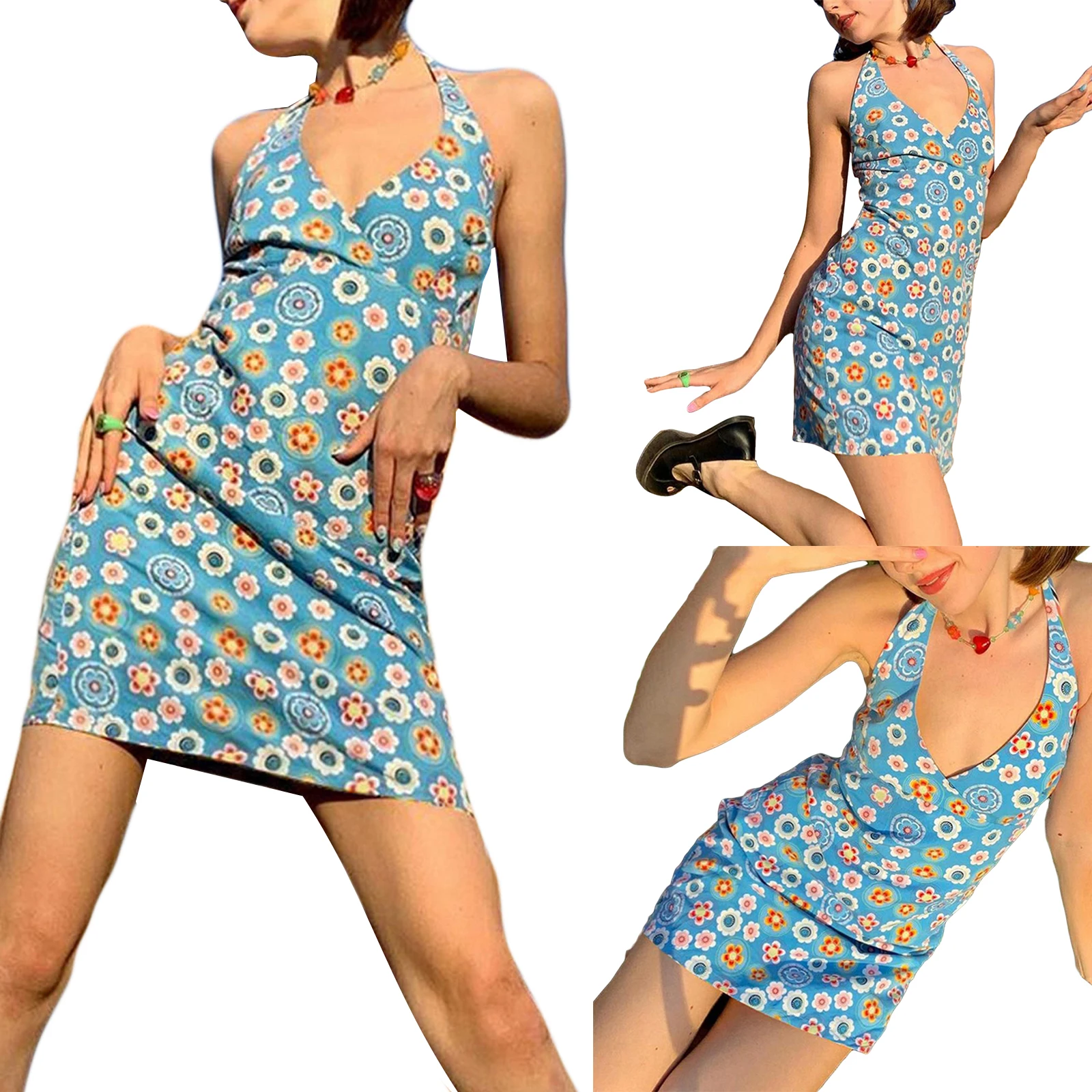 

Women\u2019s Summer Sexy Halter Skinny Dress Fashion Flower Backless High Waist Short Dress Blue