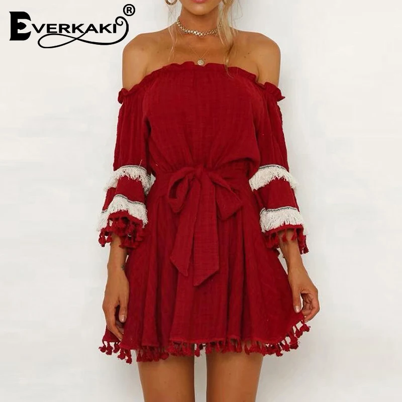 Everkaki Boho кисточки с открытыми плечами мини платье женские пояса винтажные