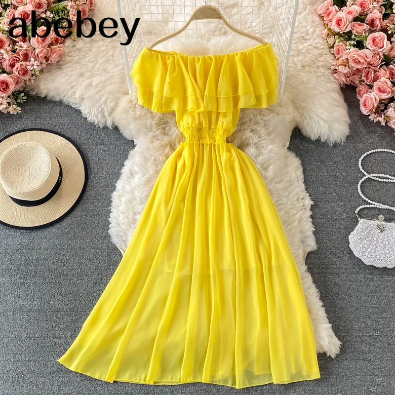 

2021 New Summer Bohemian slash neck off shoulder Dress high waist pleated Ruffles mid-length A-line Dress
