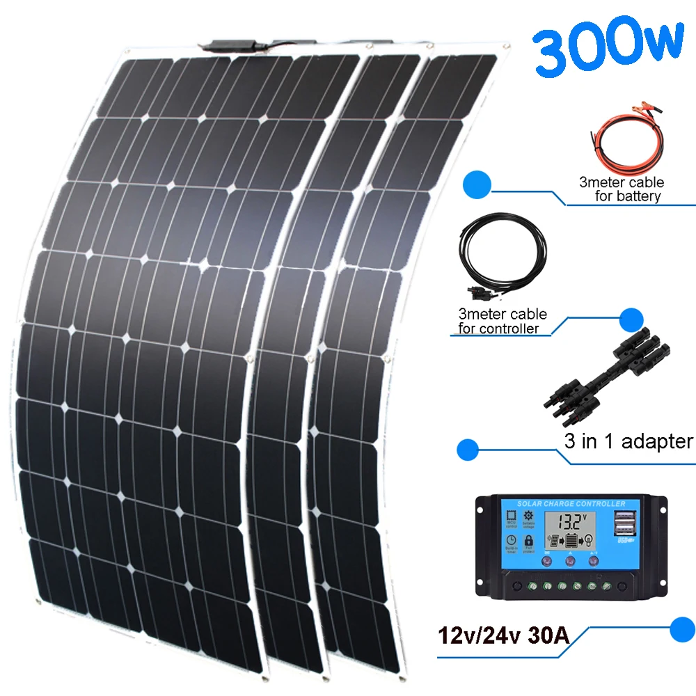 Murah Panel Surya 300W 12V Kit Modul Pengisi Daya Baterai Fleksibel Lengkap Sistem Rumah Fotovoltaik Untuk 12V/24V Perahu Mobil Berkemah 1000W