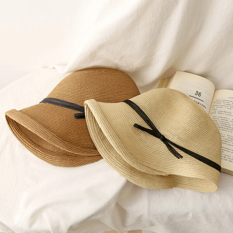 

Hepburn Style Sunshade Straw Hat Female Summer Retro Foldable Basin Cap Literary Fisherman Hat Simple Sun Cap Casual Summer Hats