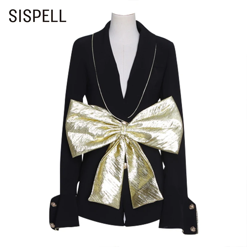 

SISPELL Patchwork Bowknot Jumpsuits For Female Lapel Collar Long Sleeve High Waist Slimming Colorblock Women's Jumpsuit