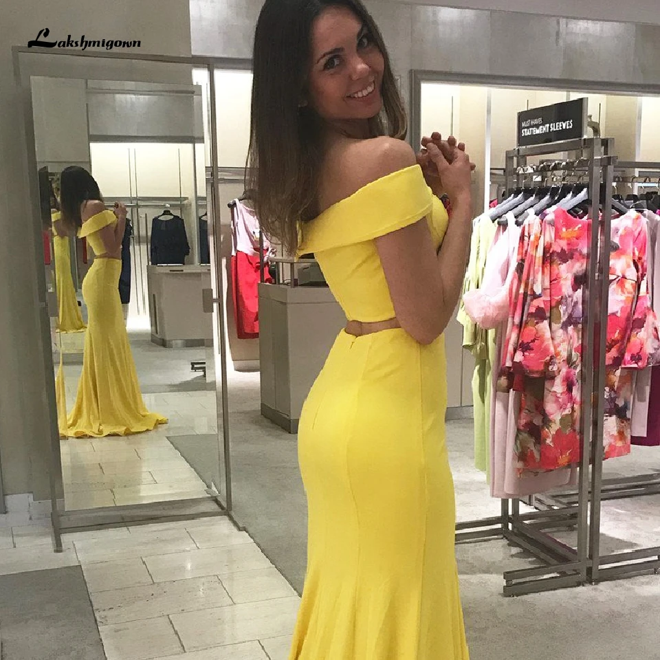 Женское вечернее платье Русалка с открытыми плечами желтое простое сексуальное