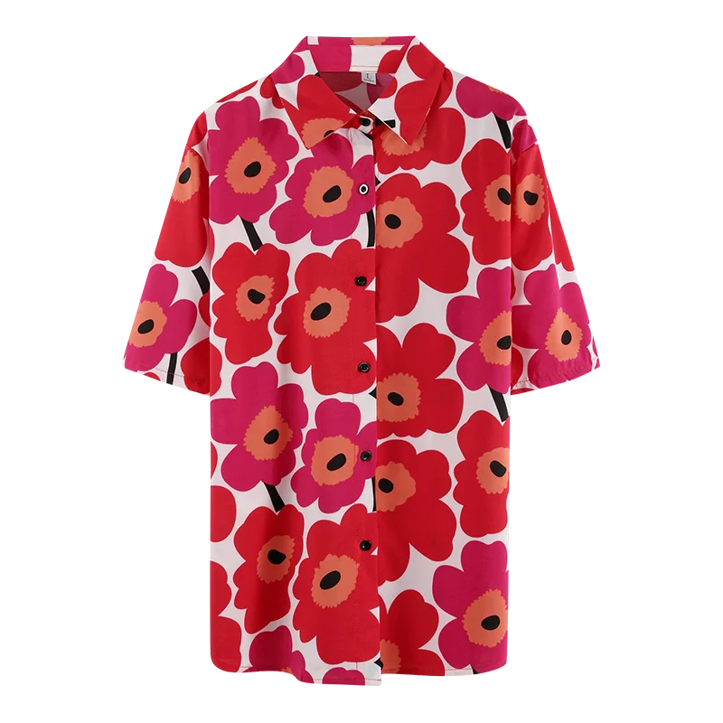 

Black Red Female Short Sleeve Turn-Down Collar Chiffon Blouses Summer Beach Tops Women Fashion Clothing Flowers Printed Shirts
