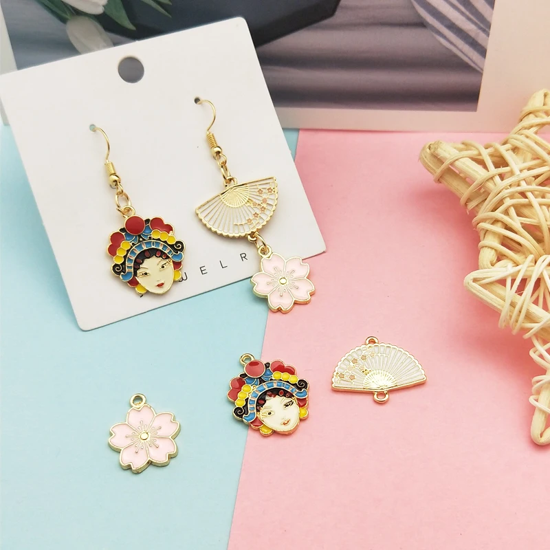 

10pcs/lot Peking Opera Girl Flower Enamel Charms Drop Oil Alloy Fan Connector Pendants Earring Bracelet Jewelry Accessory YZ646