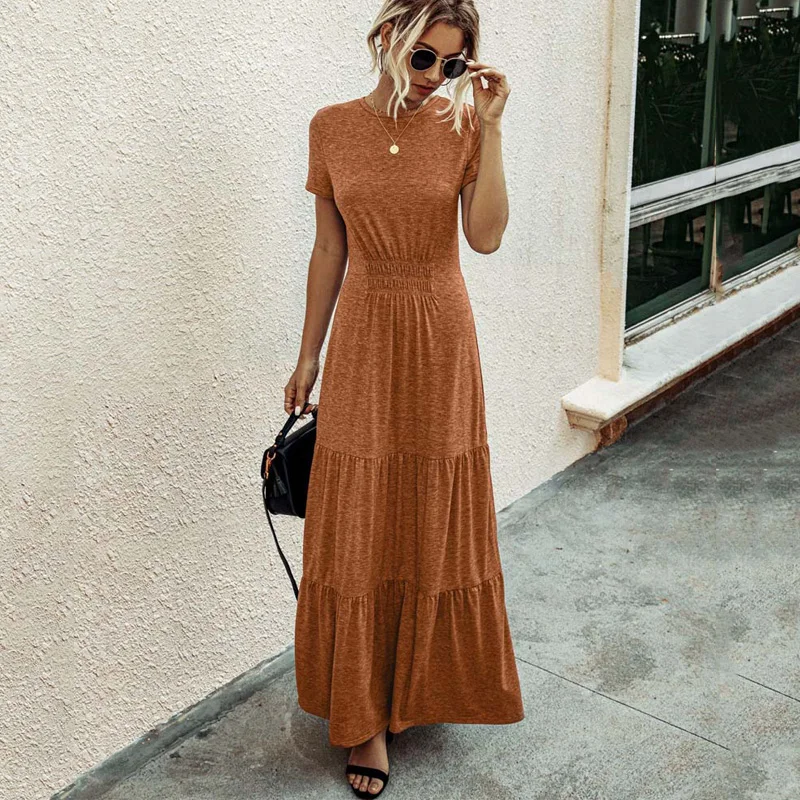 

2021 Long Summer Party Dress Women Pleated Elegant Maxi Dress Sundress Women Floor Length Short Sleeve Casual Robe Femme