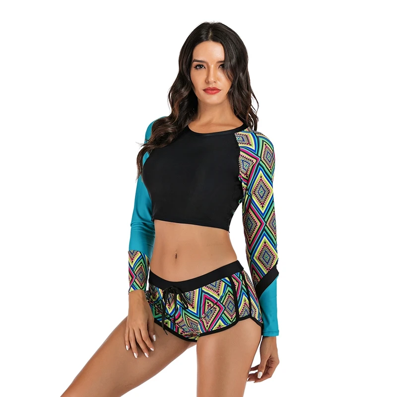 

Women Rash Guard Patchwork Long Sleeve Crop Top Sunshade Quick Drying Two Piece Beach Surfing Diving Bathing Suit Swimsuit