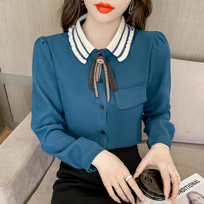

Chiffon Women's Blouse Polo Girl's Shirt Summer Fashion Solid Loose Long Sleeve Top Plus Size Casual Lady Blusas Houthion
