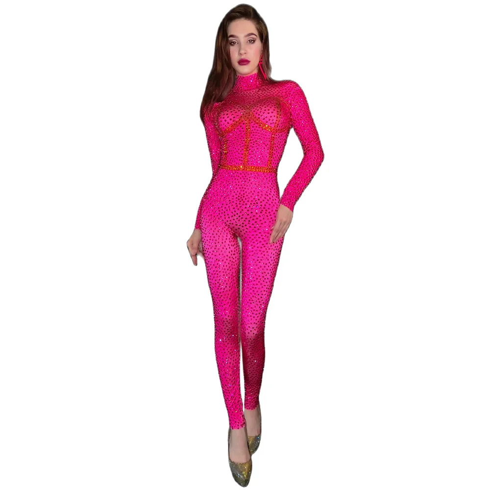 

Red Full Diamond Sparkling Crystals Leotard Sexy Stretch Stones Women Stage Performance Celebrate Luxury Costume Dance Rompers