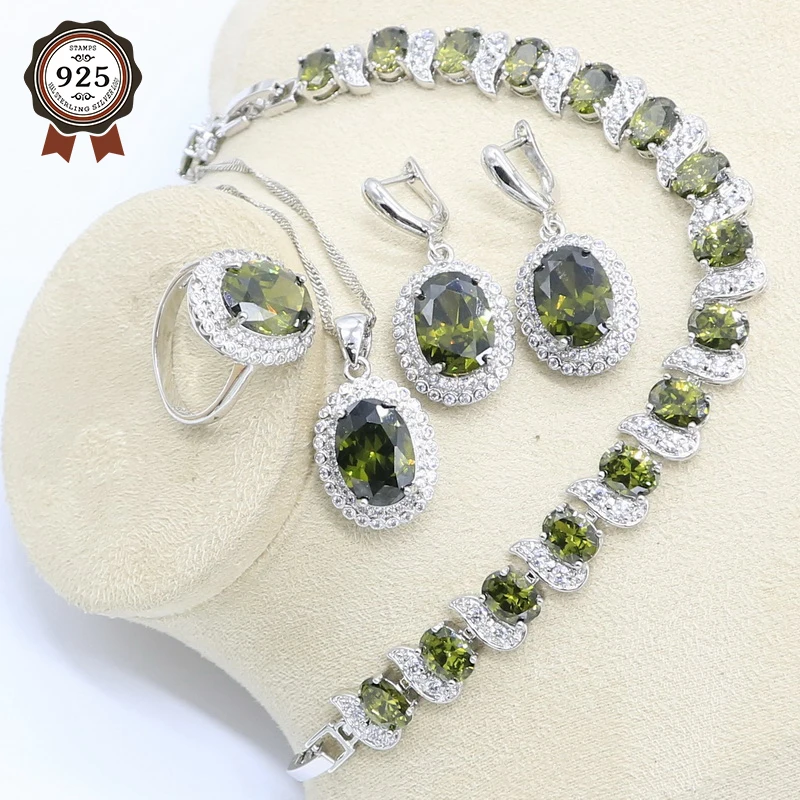 Оливковый зеленый цирконий серебряный набор украшений для женщин свадебный