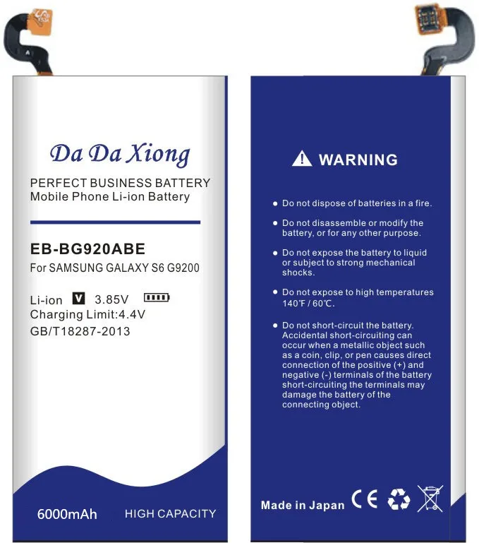 100% оригинальная большая ёмкость EB BG920ABE 6000 мА/ч батарея для телефона Samsung Galaxy S6 G9200