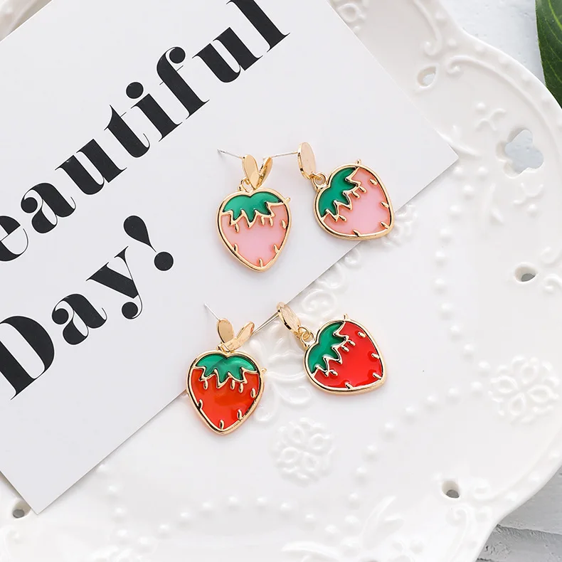 Kawaii Red Pink Strawberry Fruits Earrings Female Cute Korean Fashion Jewelry for Women Accessories Brincos Oorbellen | Украшения и