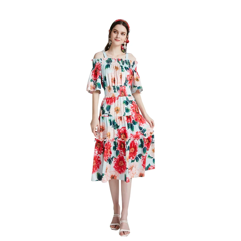 

Fashion Runway Casual New Summer Dress Women's Off Shoulder Elegant Big Flowers Print Elastic Waist Midi A Line Holiday Dress