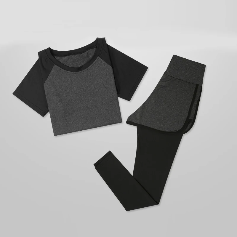 Gray-trousers Сексуальный комплект для йоги, для фитнеса, женская футболка для бега+ дышащие штаны, одежда, леггинсы, для йоги, спортзала, тренировки, спортивный комплект, комплект для йоги - Цвет: Gray-trousers