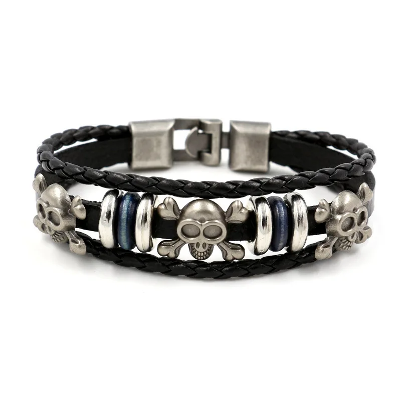 Мужской браслет из натуральной кожи серебро 925 пробы с изображением пиратского