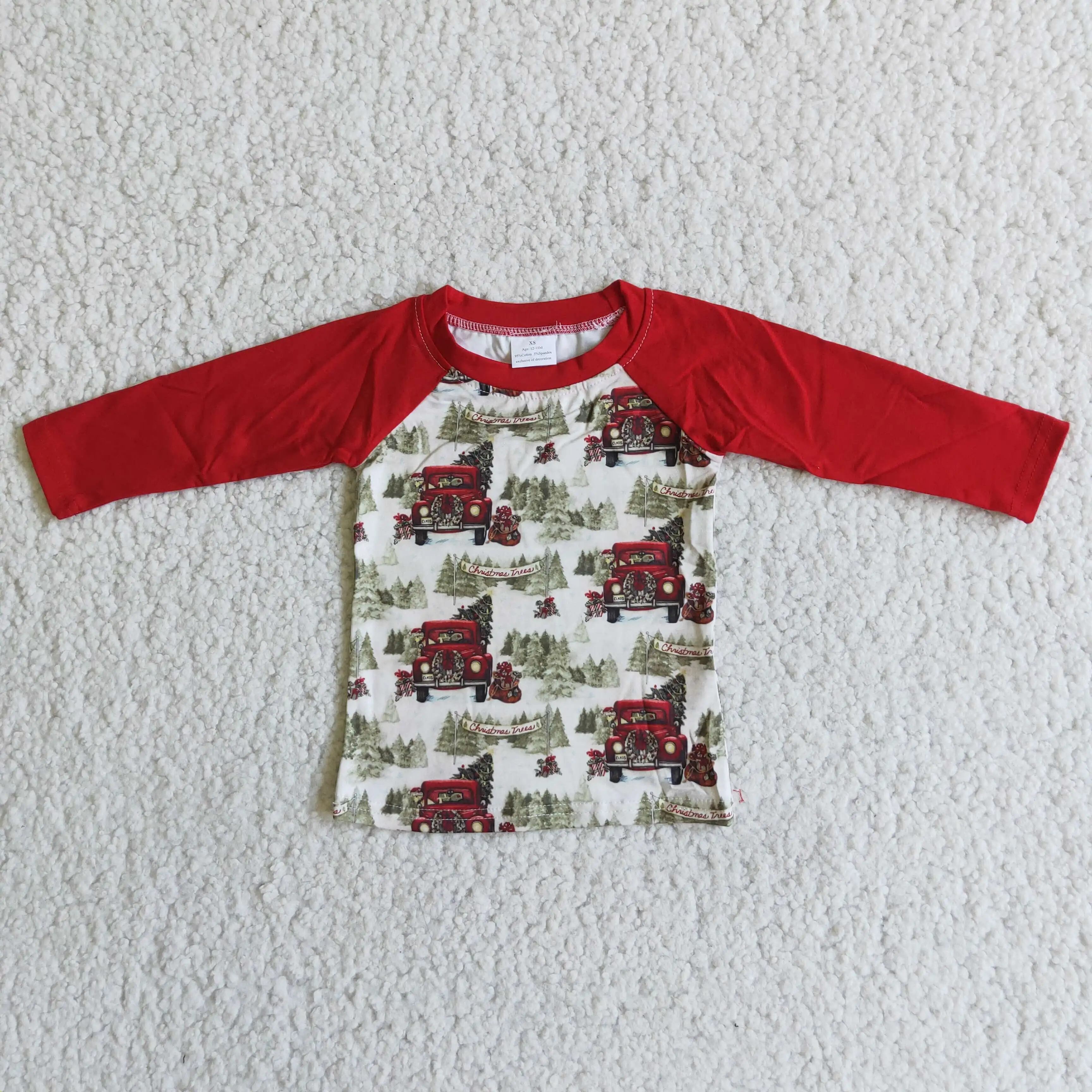 

Spring Fall Girl Kids Clothing Christmas Red Car And Tree Print Red Long-sleeved Top Children's Clothes