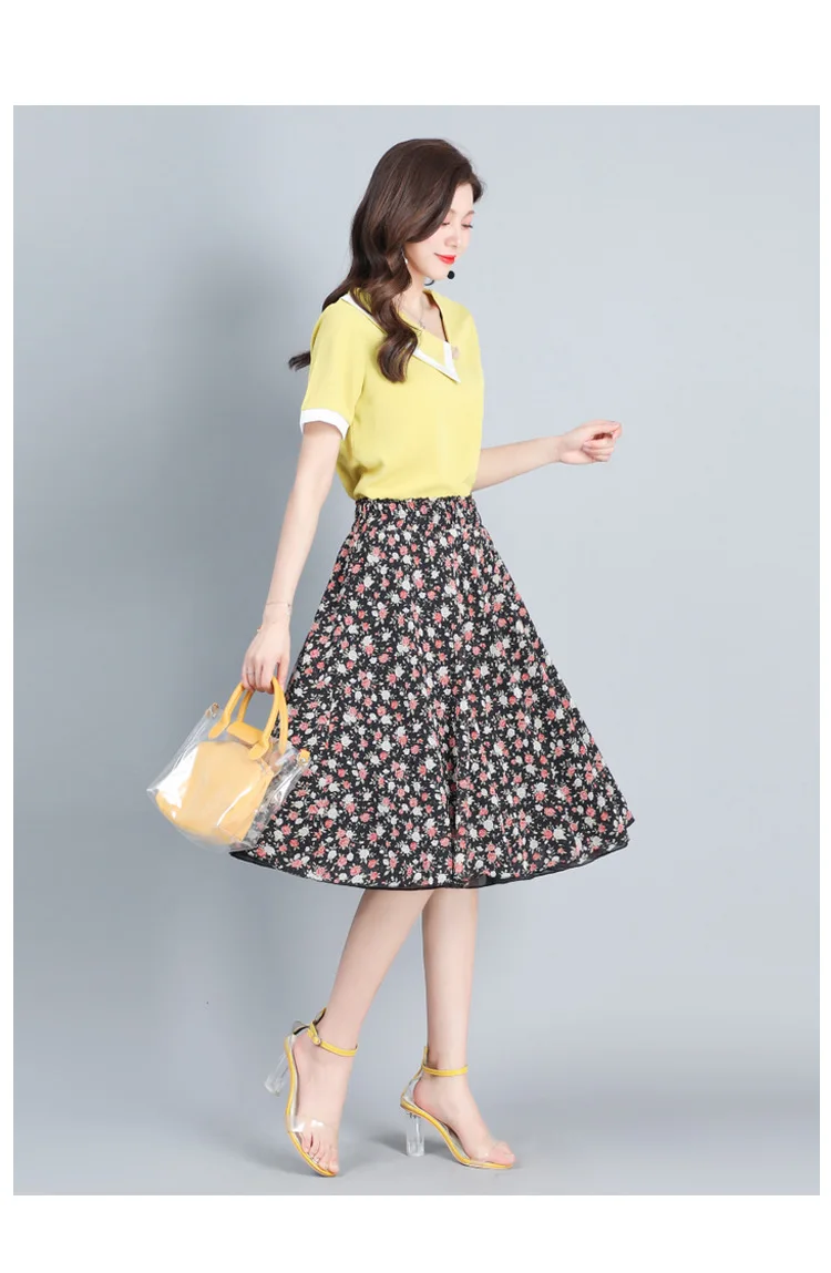 

2021 Summer Chiffon Floral Knee-length Skirt Women Fashion Elastic High Waist Loose Casual Elegant A-line Thin Umbrella Skirts