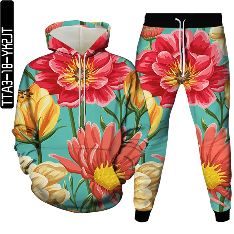 

Spring and Autumn New Floral Elements Printed Men's and Women's 3D Hoodie and Sweatpants Two-piece Men's Hoodie Asian Style