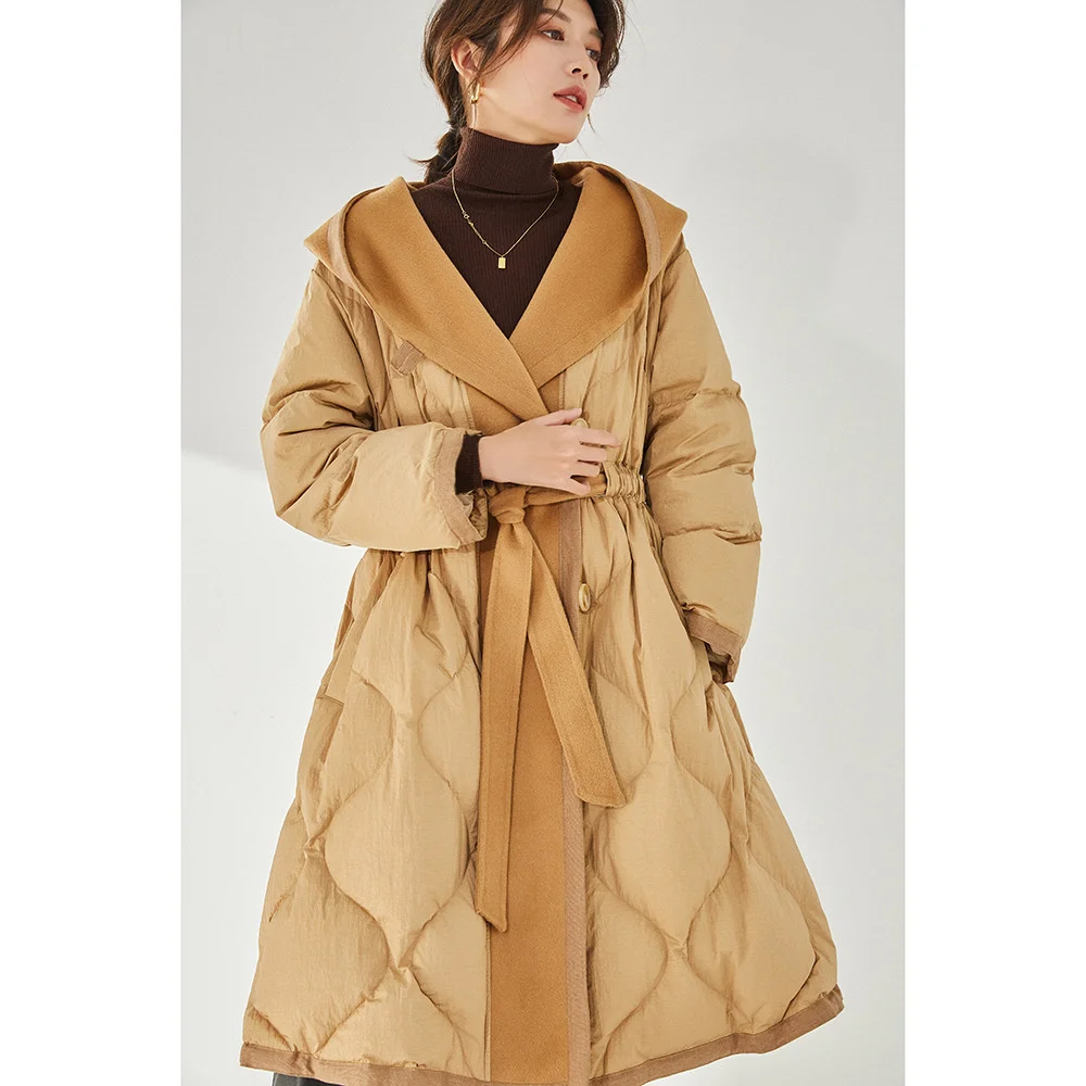 

21 autumn and winter new long loose casual warm fashion stitching mixed wool down jacket women 12788