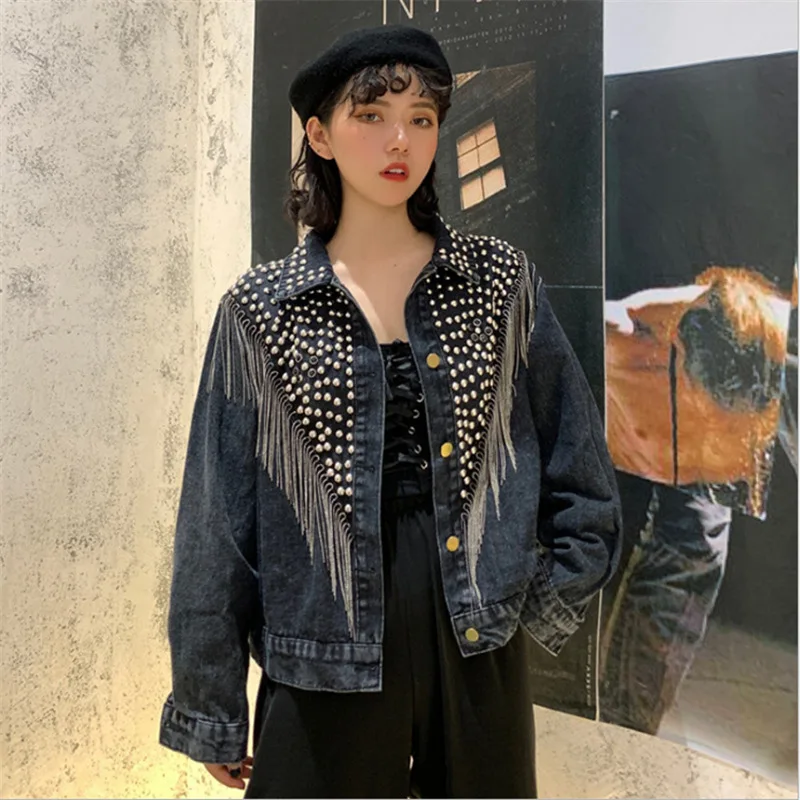 

FNOCE autumn women's denim jackets high street fashion young casual solid long sleeve Tassel Rivet Short loose Jeans Coat