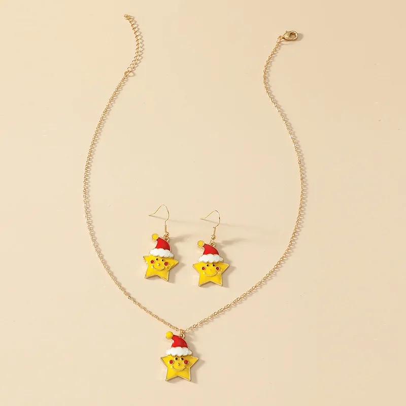 

2021 Christmas New Set Necklace Metal Drop Oil Yellow Starfish Geometry Lady Earring Necklace Christmas Gift Accessories