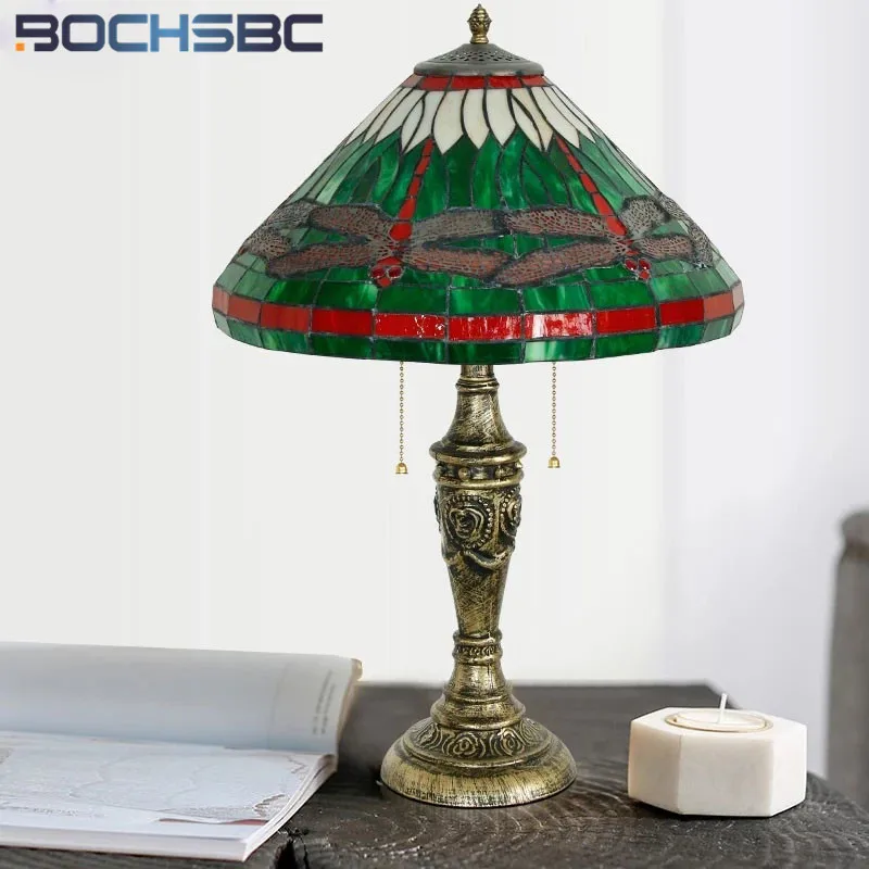 

BOCHSBC Tiffany Style Dragonfly Table Lamp Lampshade Muilticolor Stained Glass Table Light Arts House Decor Lighting Alloy Frame