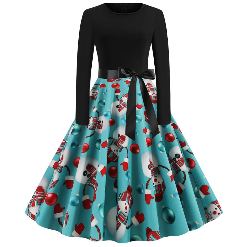 Vintage 1950s Hepburn style Christmas Dress Women Long Sleeve Print Pleated Party robe noel femme kerstjurk vestidos F1016 |
