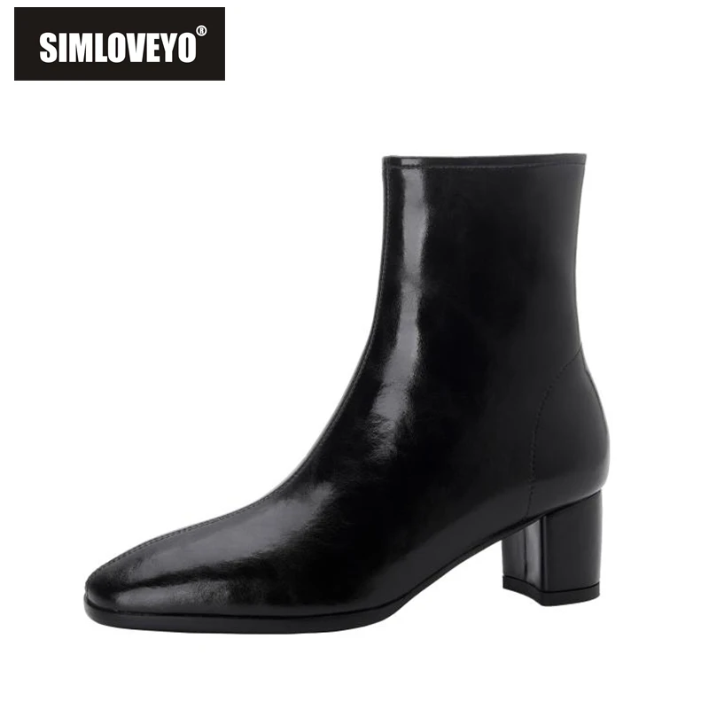 

SIMLOVEYO Woman's Ankle Boots Luxury shoes Round Toe Block Heels Cow Leather Zipper Big Size 34-43 Solid Retro Winter Warm S2767
