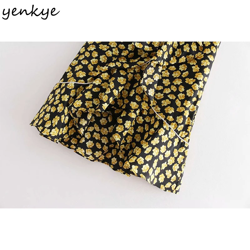 

YENKYE Sweet Floral Print Ruffle Skirt Women Bow Tie Sashes High Waist A-line Midi Elegant Lady Skirt Summer Jupe Femme