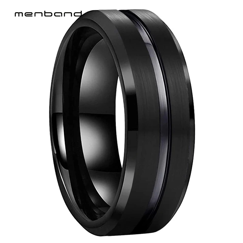 

8mm Black Tungsten Wedding Band For Men Women Rings Center Grooved Bevel Edges Brushed Finish Comfort Fit