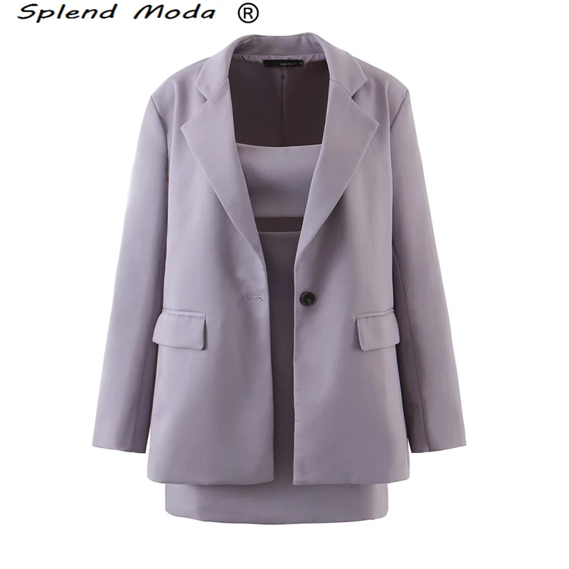 

Splend Moda Women Autumn New Casual Single-Button Purple Suit Blazer Jacket Top + Sexy Strap Mini Dress Two-Piece Office Ladies