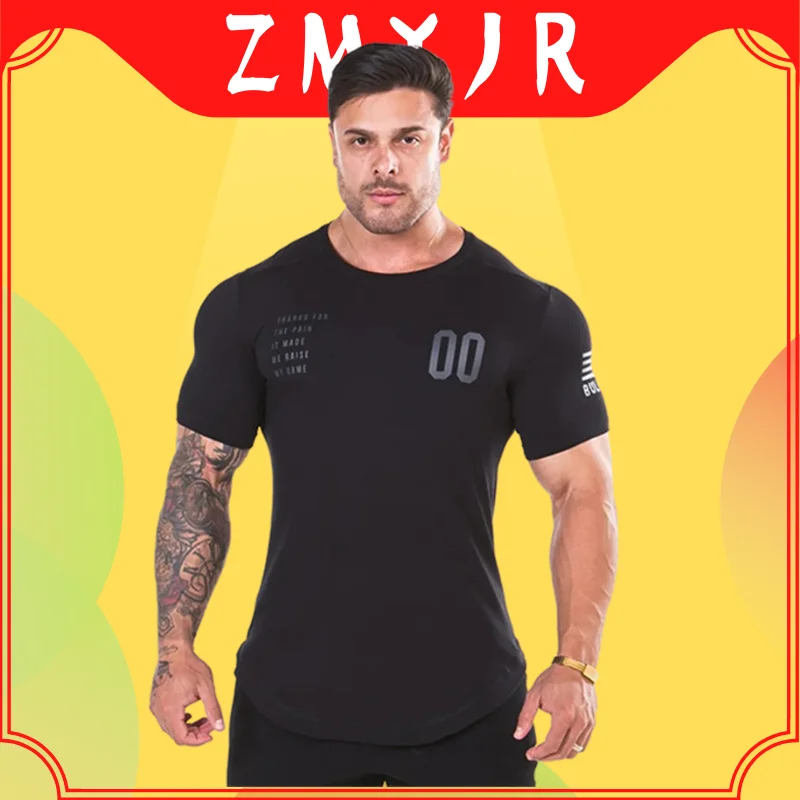 

ZMYJR 2021 Mens Black T-Shirts 00 Number Fashion Short Sleeved Fitness Bodybuilding Shirt For Men Workout Slim Cotton Tee Tops