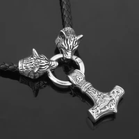 nordic celtic wolf head chain necklace viking stainless steel thors hammer pendant rune accessories viking mens rune jewelry