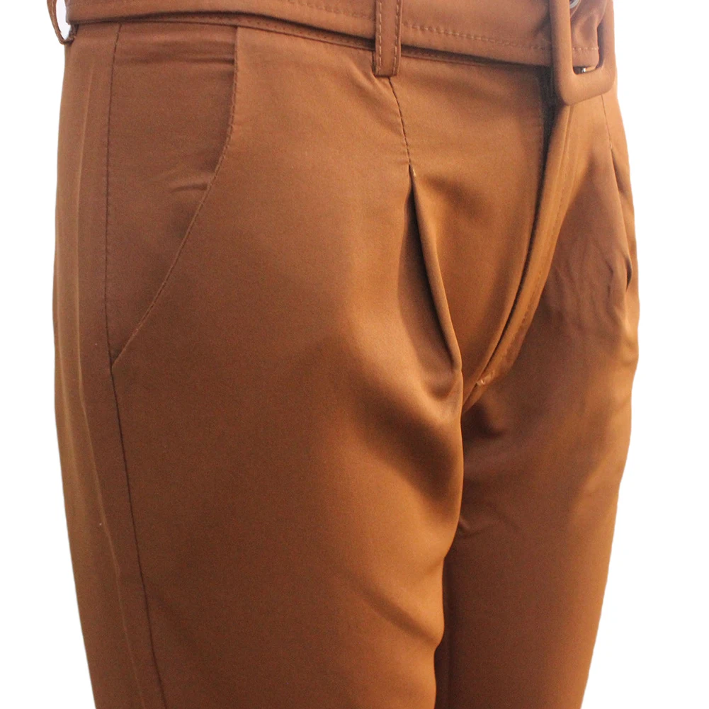 

Solid Color Women High Waist Casual Long Pants Ladies Trousers with Waist Belt