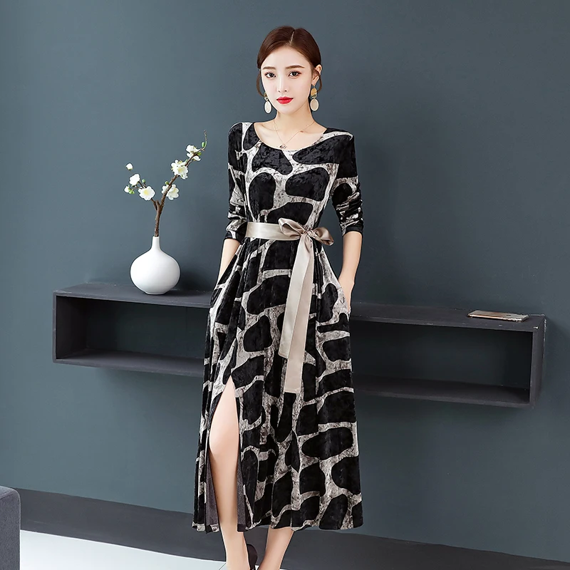 Бархатные леопардовые платья CHUNLI большого размера 2019 золотистого цвета новинка