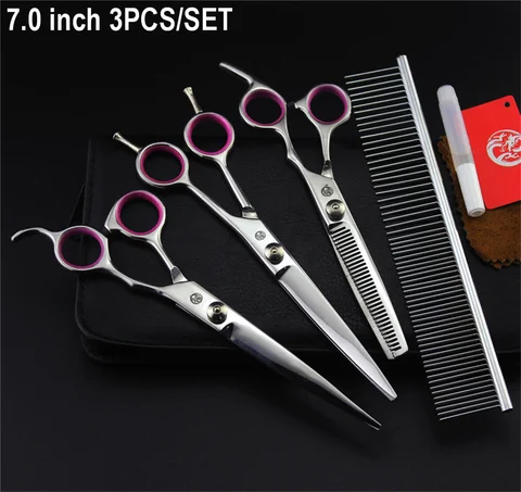Фирменные японские ножницы 440C набор ножниц для груминга домашних животных, 7, 8 дюймов, для стрижки собак, филировочные, изогнутые ножницы с чехлом для расчесок - изображение