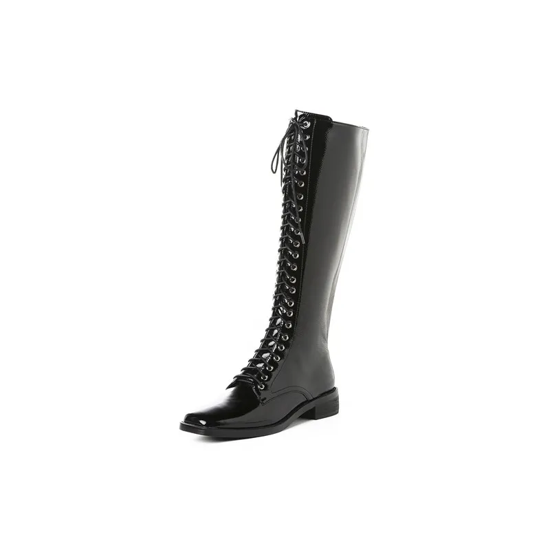 black patent leather MORAZORA/ г. Зимние высокие сапоги из натуральной кожи женская обувь на низком квадратном каблуке со шнуровкой модные теплые женские ботинки - Цвет: black patent leather