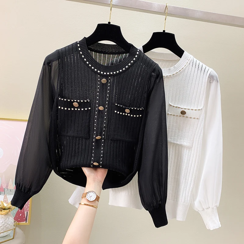 

Spring fashion Western style stitching hollow long-sleeved sweater