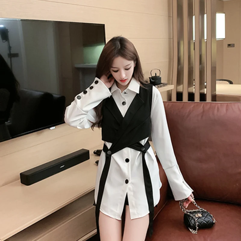 

Women Black Bandage Vest Two Piece Blouse New Lapel Long Sleeve Loose Fit Shirt Fashion Tide Spring Autumn 2020