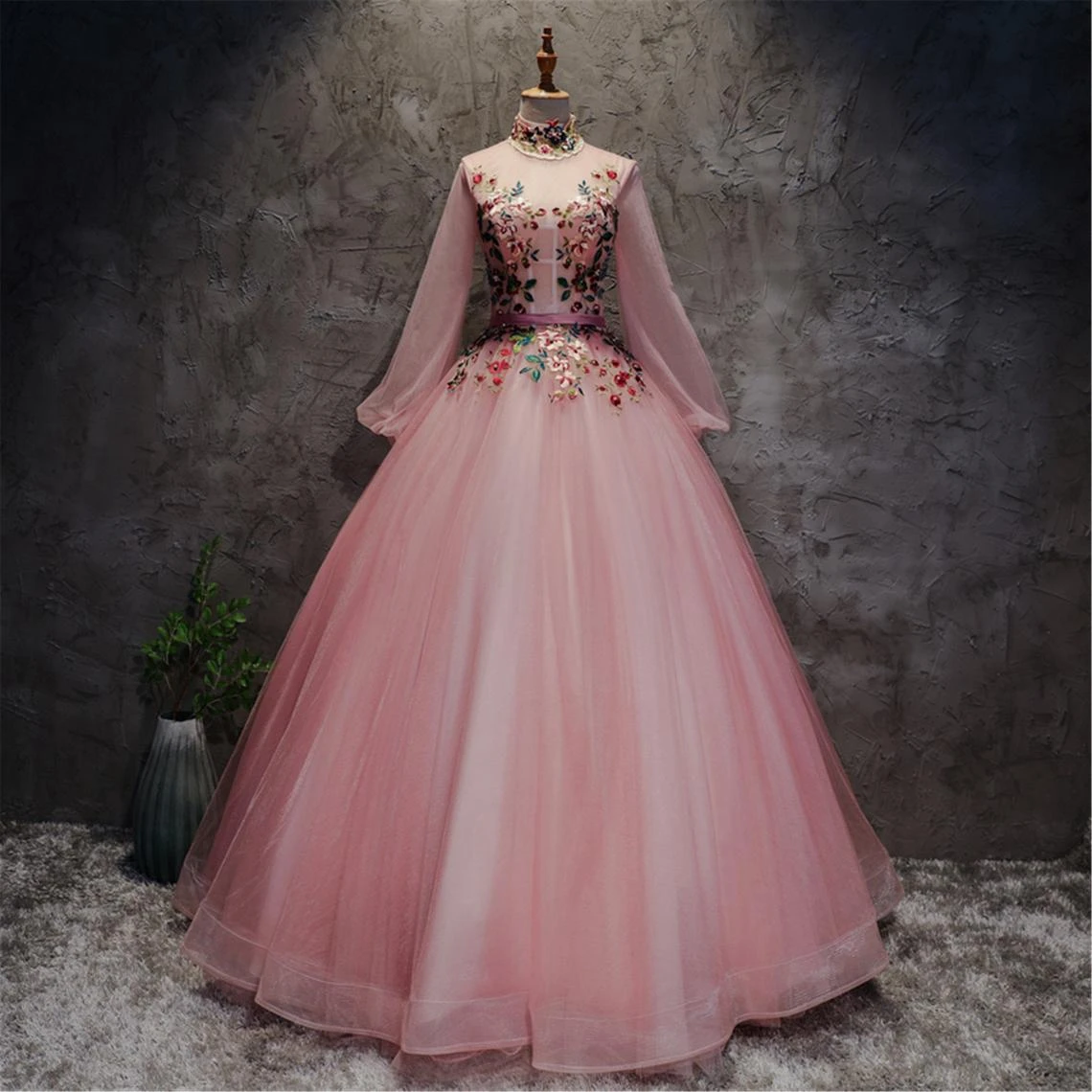 

Vintage High Neck Prom Dress with Long Illusion Sleeve Ball Gown Lace Flower Formal Event Dress Elegant Tulle Banque Dresses