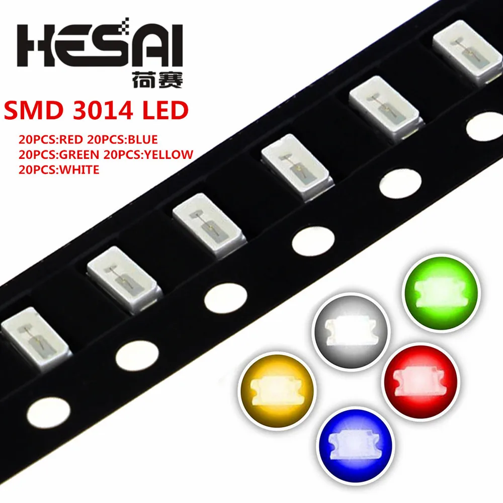 100 шт./лот 5 цветов 3014 SMD СВЕТОДИОД супер яркий красный/зеленый/синий/желтый/белый