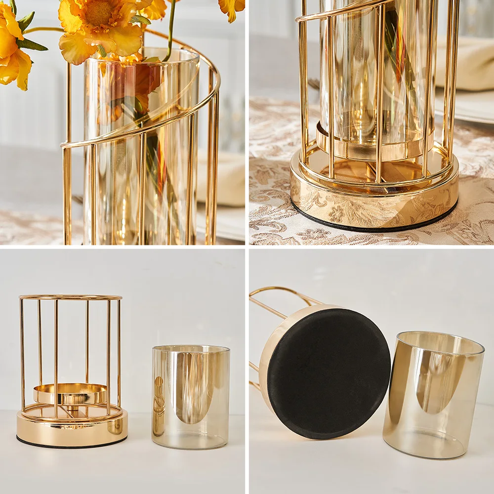 

European Metal Flower Vase Plant Holder Glass Terrarium Hydroponics Home Decor Accessories Living Room Decoration Candlestick