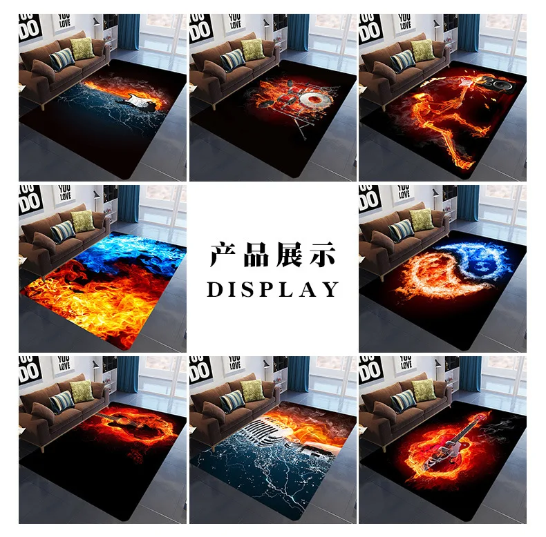 Музыкальный коврик для гостиной с 3D-принтом, коврик для гитары, барабан для детской комнаты, абстрактный ковер с изображением пламени, коврик для спальни, гостиной, Противоскользящий коврик для пола