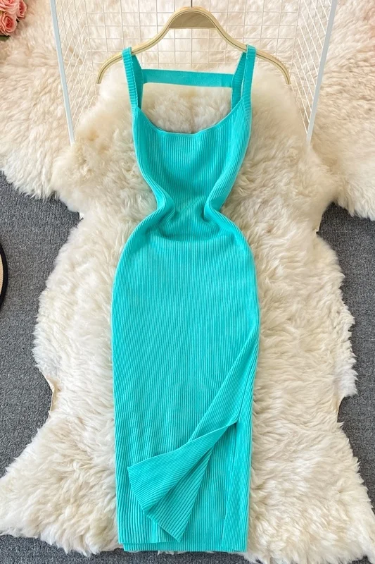 

French Open Back suspender knitted dress summer new slim waistcoat dress split buttock mid length dress