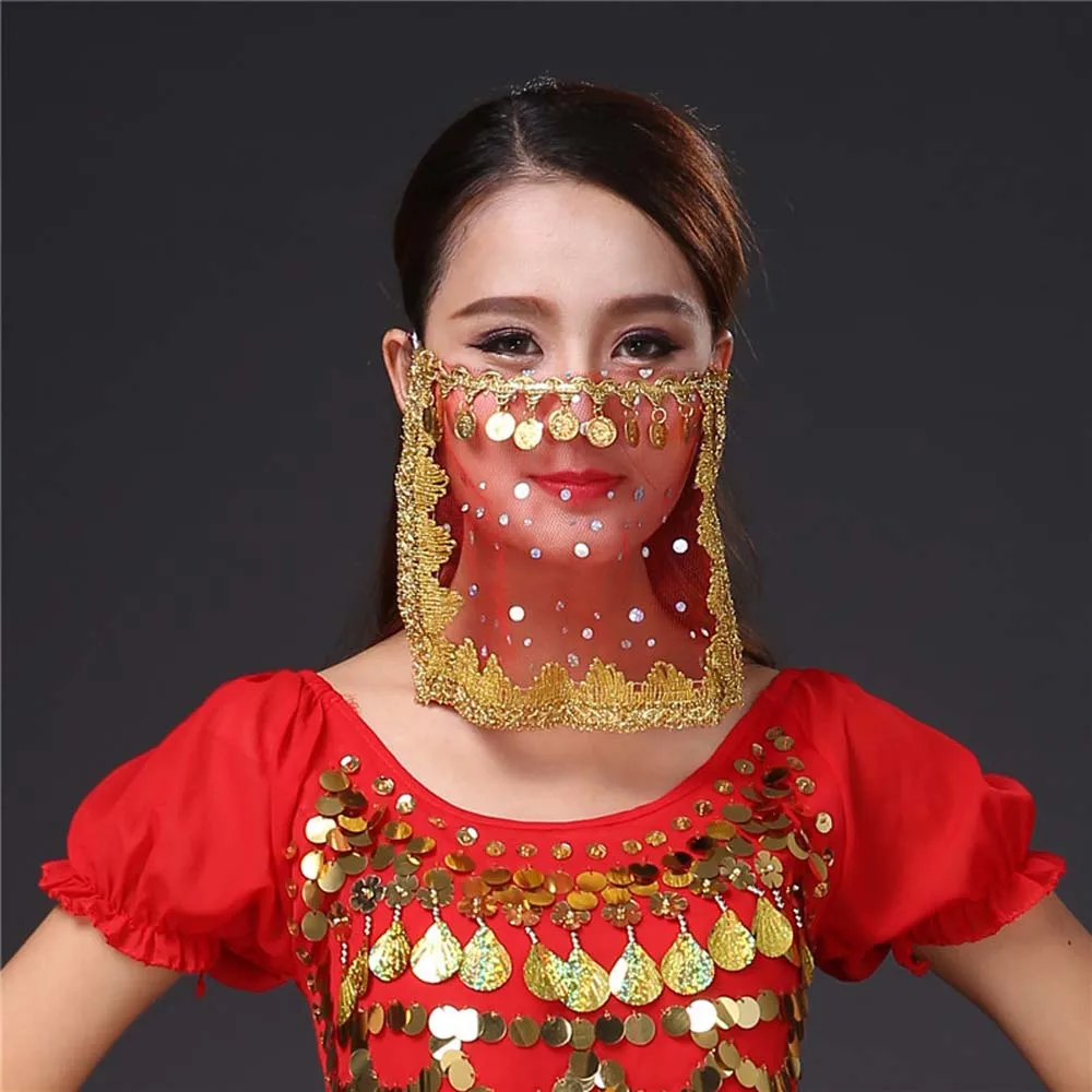 

Women Indian Dance Rhinestone Veils Belly Dance Embroidered Sequins Mesh Face Veils Performance Accessories