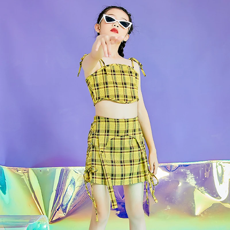 

Jazz Dance Costume For Girls Summer Vest Skirt Yellow Plaid Suit Hip Hop Performance Cheerlead Dance Wear Stage Costume 120-170