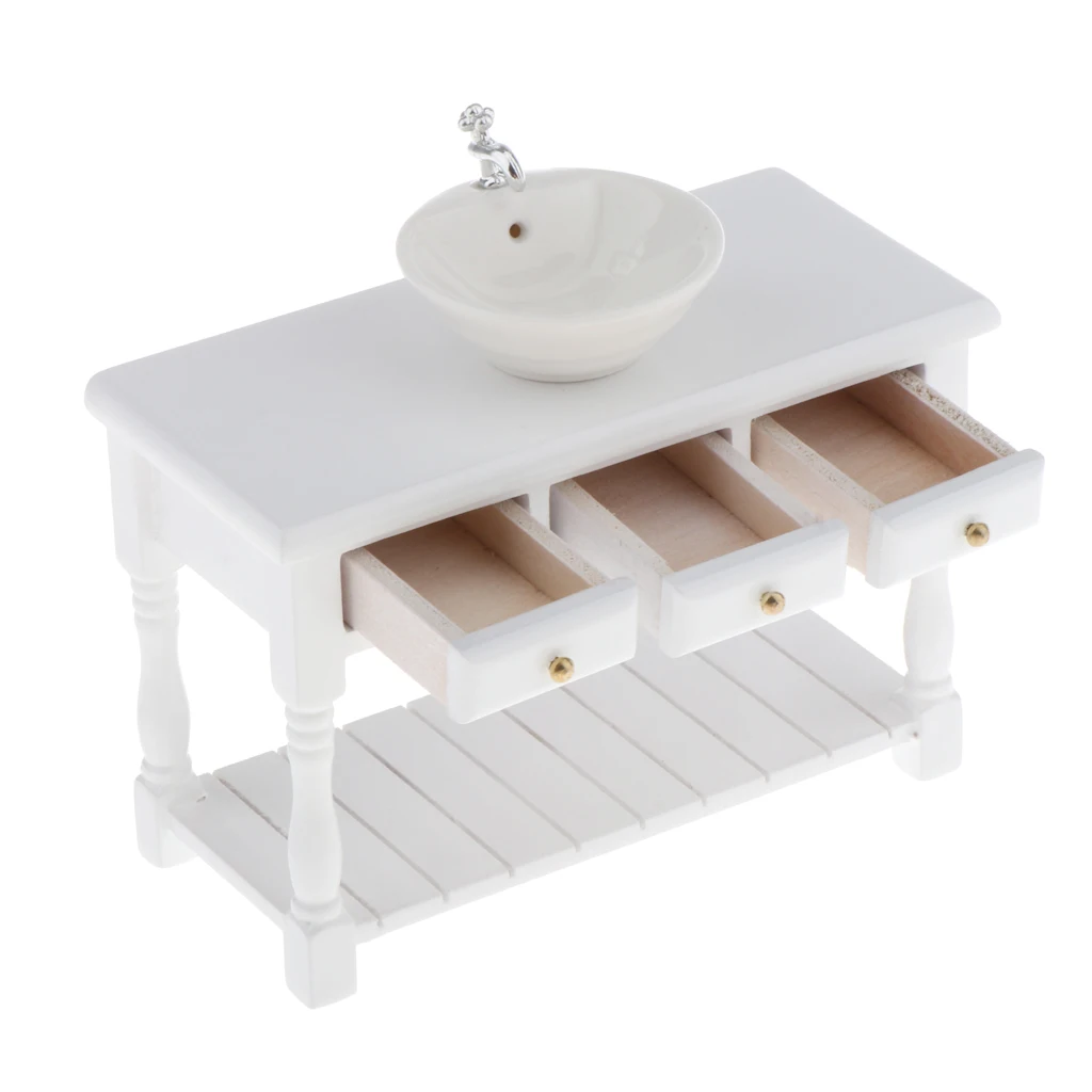 

1/12 Scale Miniature Wash Basin w/ Cabinet Set for Doll House Supplies Accs